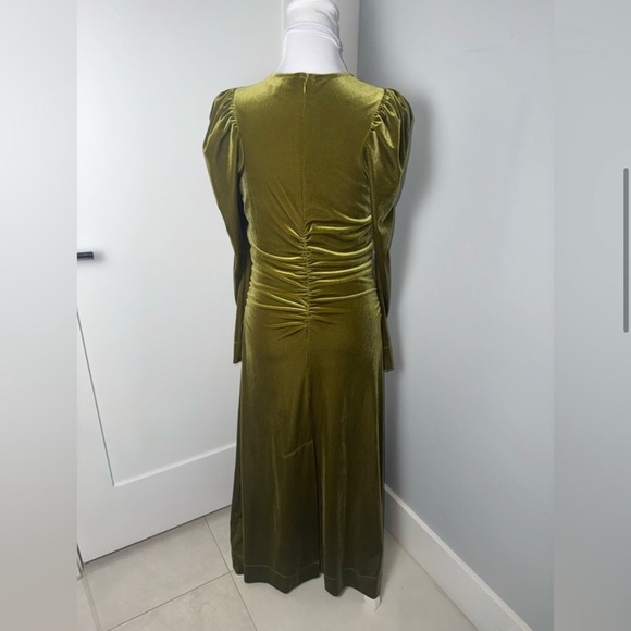 Ganni Velvet Gathered Long Sleeve Jersey Dress in Avocado - Picture 7 of 12